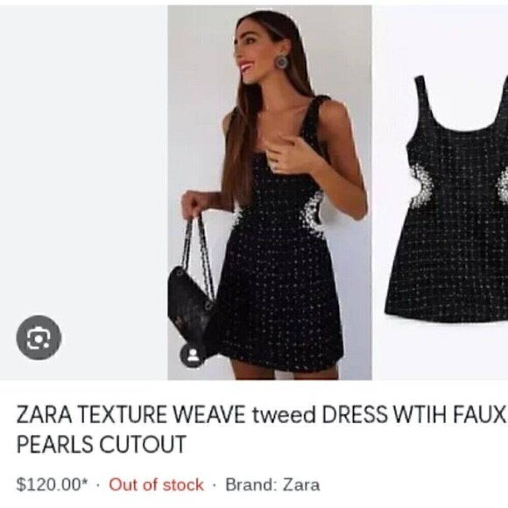 Black Texture Tweed Weave Cutout Mini Dress With Faux Pearls L - Picture 7 of 16